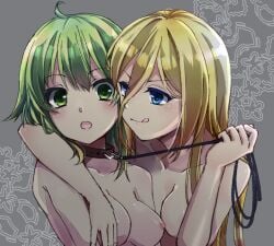 2girls ahoge arm_around_shoulder blonde_hair blue_eyes breasts closed_mouth collar female female/female female_only gothloli_dokuro green_eyes green_hair grey_background gumi hair_between_eyes highres holding holding_leash leash licking_lips lily_(vocaloid) long_hair long_hair_between_eyes looking_at_another medium_breasts medium_hair multiple_girls nipples nude nude_female open_mouth simple_background tongue tongue_out upper_body v-shaped_eyebrows vocaloid yuri