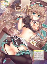 animal_ears apron aqua_bow aqua_eyes ass bangs bear bear_ears bear_girl bear_tail black_choker black_legwear black_panties black_skirt blush bow breasts breasts_out brown_hair cake chestnut_mouth choker crop_top cup dengeki_moeou drinking_glass dutch_angle female floating_hair food frilled_skirt frills garter_straps hair_ornament hairbow hairclip hands_up highres holding holding_tray jewelry lamp leg_up light_particles long_hair looking_at_viewer maid maid_apron maid_headdress medium_breasts menu_board midriff miniskirt necklace nipples no_bra nose_blush original panties parfait parted_lips short_sleeves skirt slice_of_cake solo standing standing_on_one_leg stomach suzunone_rena table tail thighhighs tray two_side_up underwear waist_apron white_apron wrist_cuffs x_hair_ornament