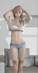 1girls 3d 3d_(artwork) blue_eyes clothed crop_top cropped cropped_image eclair_farron female female_only final_fantasy final_fantasy_xiii lazyprocrastinator legs looking_at_viewer lowres midriff pink_hair pose shorts square_enix standing