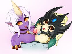 2019 :p black_sclera breasts double_paizuri eyebrows_visible_through_hair female girls helmet horn league_of_legends marai mermaid nami_(league_of_legends) paizuri pointy_ears purple_skin riot_games smooth_skin soraka spiritof2281 tongue_out vision_ward white_hair yellow_sclera