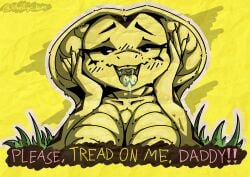 absurd_res ahe_gao anthro big_breasts blush bodily_fluids breasts dialogue digital_media_(artwork) don't_tread_on_me drooling english_text female forked_tongue gadsden_flag glistening glistening_body glowing glowing_eyes hi_res khalfy_kun looking_at_viewer looking_pleasured meme non-mammal_breasts nude open_mouth parody politics reptile saliva saliva_string scalie simple_background smile snake snake_hood solo speech_bubble teeth text tongue tongue_out yellow_background