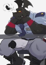 anthro bandai_namco black_body black_boots black_clothing black_footwear blackguilmon blue_necktie bodily_fluids boots bottomwear clothing digimon digimon_(species) erection footwear genital_fluids grey_bottomwear grey_clothing grey_pants heffy038 hi_res leaking_precum male markings necktie pants precum red_markings security_uniform shoes sitting_at_desk solo sweat unzipped unzipped_pants yellow_eyes zipper