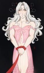 1boy 2025 alucard_(castlevania) ambush_(trap) anger_vein bishonen black_background blush bound_wrists castlevania castlevania_(netflix) castlevania_nocturne femboy girly hi_res long_hair long_hair_male looking_at_viewer male male_only nightie scar scar_on_stomach see-through see-through_clothing solo targso vampire white_hair yellow_eyes