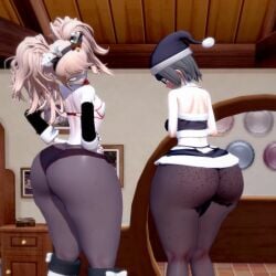 2girls 3d animated ass ass_clapping ass_focus ass_shake back_view big_butt big_thighs black_hair boots bra danganronpa fat_ass female_only freckles_on_ass grey_eyes junko_enoshima leggings looking_at_viewer looking_back mukuro_ikusaba partially_clothed sad_deer sisters small_breasts tagme thong_panties twerking twintails video