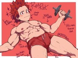 0027woo 1boy abs armpits barbell beefy biceps big_areola big_breasts blush bodybuilder boku_no_hero_academia clothed eijirou_kirishima erect_nipples frown gay hi_res looking_at_viewer lying lying_on_back male male_breasts male_only mature_male muscles muscular muscular_arms muscular_legs muscular_male muscular_thighs my_hero_academia navel open_legs oppai pecs red_background red_eyes red_hair scar scar_over_eye short_hair shorts smile spiky_hair sweat sweatdrop sweating sweaty text thick_arms thick_thighs topless tough_guy triceps white_border yaoi