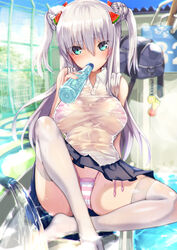 bag bare_shoulders bikini blue_eyes blush bottomless breasts day female hair_ornament hose large_breasts long_hair looking_at_viewer moe2018 original pleated_skirt pool satou_daiji school_bag see-through silver_hair sitting skirt sleeves_rolled_up solo striped striped_bikini swimsuit thighhighs two_side_up underwear water wet white_legwear