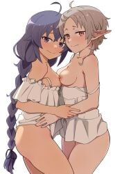 2girls animanghayodraw blue_hair blush elf elf_ears hug looking_at_viewer nipples roxy_migurdia short_hair slim_waist small_breasts smaller_female sylphiette_(mushoku_tensei) white_hair