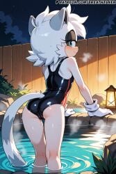 ai_generated ass breathtaker cameltoe furry furry_female grey_fur hi_res hot_spring in_water leotard looking_back purple_eyes sonic_(series) sonic_the_hedgehog_(series) swimsuit tangle_the_lemur