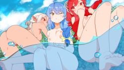 3girls ;o a_rank_party_o_ridatsu_shita_ore_wa_moto_oshiego-tachi_to_meikyuu_shinbu_o_mezasu ass barefoot blue_hair blue_sky bow braid breasts chromatic_aberration clenched_hand cloud clover completely_nude convenient_censoring dark-skinned_female dark_elf dark_skin dark_skinned_female elf elf_ears elf_female elf_girl erect_nipples feet flat flat_chest flat_chested from_below grass hair_over_shoulder hair_ribbon hairbow half_up_half_down_braid highres i_left_my_a-rank_party_to_help_my_former_students_reach_the_dungeon_depths lake large_breasts long_hair marina_(aparida) mosquito_bites multiple_girls nipples nude one_eye_closed orange_eyes outdoors pale pale-skinned_female pale_skin pale_skinned_female partially_submerged partially_underwater_shot perky_nipples petite petite_body petite_breasts petite_female pointy_ears ponytail rain_(aparida) rbx_lamen red_eyes red_hair ribbon silk_amberwood sitting sky small_breasts smile underwater water water_censor water_drop white_hair yellow_bow yellow_eyes young young_female young_woman