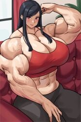 abs beautiful black_hair cleavage couch huge_muscles large_breasts leggings long_hair looking_at_viewer musctonk muscular muscular_female red_eyes sports_bra veiny_muscles