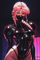 1girls ai ai_generated bondage_outfit female latex latex_clothing looking_at_viewer pink_hair