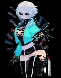 1girls black_background black_eyes blue_eyes female_sans genderswap_(mtf) hoodie light-skinned_female rule_63 sans shirt shorts smile solo solo_female thick_thighs thighhighs thighs undertale usa37107692 white_hair