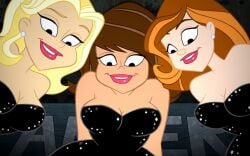 3girls backup_singers_(the_looney_tunes_show) bedroom_eyes black blonde_hair brown_hair cartoon_network dress looking_down production_studio_for_tv_series seductive smile sparkling_dress strapless_dress the_looney_tunes_show warner_brothers