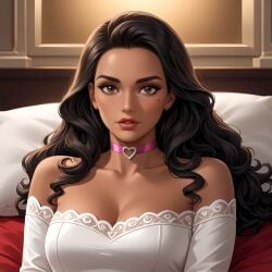 ai_generated beautiful beautiful_females beauty_mark bedroom bedroom_eyes black_hair brown_eyes brown_hair choker deergirlfit in_bed latina lust lustful_gaze mexican mexican_female mole no_nude no_nudity original_character satin sensual silk_clothing sleepwear