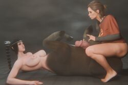 3d baldur's_gate_3 centaur ellie_(the_last_of_us) ellie_williams huge_breasts huge_cock looking_at_another shadowheart simple_background taur the_last_of_us_2 valenok