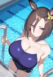 ai_generated air_groove_(umamusume) animal_ears black_hair blue_eyes blunt_cut breasts eyebrows hair_accessory pool school_swimsuit umamusume umamusume_pretty_derby