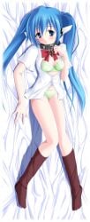 1girls artist_request bed blue_eyes blue_hair blush bra breasts clothed collar female female_only no_skirt nymph nymph_(sora_no_otoshimono) open_shirt panties ribbon small_breasts solo sora_no_otoshimono tagme twintails