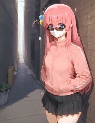 1girls ai_generated alley blue_eyes bocchi_the_rock! breasts exhibitionism gotou_hitori hair_ornament hands_in_pockets long_hair looking_over_eyewear looking_over_sunglasses mask mouth_mask nervous pink_hair pink_jacket prostitution public public_indecency secretly_loves_it skirt sogo sunglasses tinted_eyewear track_jacket urban