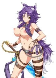 absurdres animal_ear_fluff animal_ears arm_belt arm_strap armpits bare_shoulders belt bikini bracelet breasts breasts_out brown_belt collarbone criss-cross_halter female hair_between_eyes halterneck highres holding holding_sword holding_weapon jewelry large_breasts leg_belt leg_wrap long_hair looking_at_viewer makoto_(princess_connect!) makoto_(summer)_(princess_connect!) navel nipples parted_lips princess_connect! purple_bikini purple_hair side-tie_bikini_bottom sidelocks simple_background skindentation smile solo standing stomach swimsuit sword tail weapon white_background wolf_ears wolf_girl wolf_tail yatsushima_tetsuya yellow_eyes