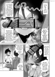 1boy1girl annoyed_expression big_balls big_penis black_bikini black_hair cock_on_head english_text hairy_balls huge_breasts manga manga_page manga_style musky_cock nude_male pubic_hair sitting_on_bed sniffing_penis text_bubble