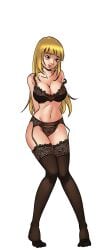 black_lingerie black_stockings blonde_hair bra_lift game green_eyes harem_heroes hyuuga_hinata jennie_(harem_heroes) lingerie official_art parody pillow_shading presenting stockings