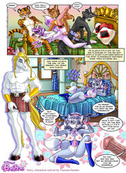 anal_beads animal_genitalia animal_penis anthro bed bedroom blonde_hair blue_fur breasts comic corset english_text equine equine_penis feline fellatio female fox furry gangbang handcuffed handcuffs high_heels horsecock imminent_sex male nipples pleasure_bon_bon pussy sex spread_legs stockings tiger vanessa_santato violet_berry white_fur