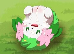 anus blush bodily_fluids cum cum_from_pussy cum_in_pussy cum_inside cum_on_body cum_on_face female female_feral feral generation_4_pokemon genital_fluids genitals green_body green_eyes heart_eyes heart_symbol hi_res land_forme_shaymin legendary_pokemon minami_(artist) nintendo pokemon pokemon_(species) pussy shaymin solo upside-down white_body