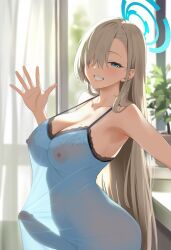 1futa ai_generated arched_back arm_up asuna_(blue_archive) backlighting blonde_hair blue_archive blue_eyes blue_nightgown cowboy_shot curtains depth_of_field erection erection_under_clothes eyelashes female futa_only futanari gerumusi halo lace-trimmed_dress large_breasts lips looking_at_viewer mole nightgown open_window potted_plant precum reaching_towards_viewer room see-through see-through_clothing smile solo standing straight_hair sunlight testicles toothy_grin uncensored upper_body very_long_hair waving window