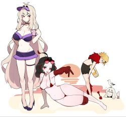 3girls beach bikini black_hair blonde_hair buried_in_sand dad_quixote_(limbus_company) don_quixote_(limbus_company) dulcinea_(limbus_company) glasses glasses_on_head gloves high_heels limbus_company long_hair project_moon red_eyes sancho_(limbus_company) seagull shovel stockings swimsuit tagme the_barber_(limbus_company) white_hair 芝士于丸