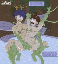 2boys antlers arm_gloves blue_hair cyles_cinning darkness fae faerie fairy fairy_boy fairy_dust fairy_wings foreskin foreskin_generation forest forest_background gay glowing_eyes handjob jerking jerkingoff_another knee_high_socks knee_highs magic male/male male_only original original_artwork original_character original_characters overwhelmed reach_around restrained sweat text_box transformation transformation_sequence transformation_through_magic transformation_through_sex trapped trapped_in_foreskin vines