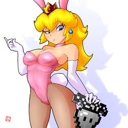 1girls 2017 adapted_costume alternate_costume animal_ears blonde_hair blue_eyes bunny_ears bunny_girl bunny_tail bunnysuit carrot carrot_(mario) crown elbow_gloves fake_animal_ears fake_tail female female_only gloves l_(pixiv10030242) leotard long_hair mario_(series) nintendo pantyhose pink_leotard princess_peach simple_background solo strapless strapless_leotard super_mario_bros. super_mario_land_2 tail white_background