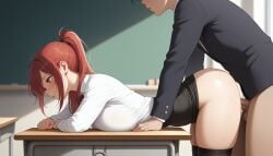 ai_generated bent_over bent_over_desk bent_over_table blush blush looking_away older_woman_and_younger_boy pencil_skirt school school_uniform teacher teacher_and_student young younger_male