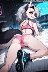 ai_generated animal_ears ass back back_view bed bedroom bent_legs big_tail bra breathtaker cyberpunk furry furry_female grey_fur grey_hair helluva_boss hi_res leaning_forward leg_belt looking_back loona_(helluva_boss) lying lying_on_bed lying_on_stomach necklace on_bed on_stomach panties red_eyes sneakers sports_bra sports_panties tail teeth white_fur