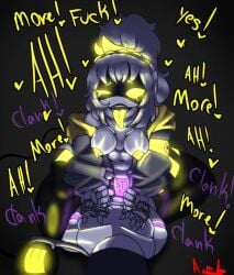 baggy_clothing begging_for_more dominant_female glowing_genitalia murder_drones oc partially_clothed ponytail purple_penis pussy pussy_juice pussy_juice_on_penis questionable_consent robot robot_boy robot_girl size_difference submissive_male tongue_out vaginal_penetration yellow_areola yellow_eyes