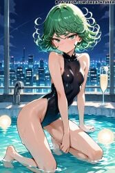 ai_generated ass balcony bath bathing bathtub breasts breasts breathtaker champagne city cityscape green_eyes green_hair hi_res in_water kneeling leotard night night_city on_knees one-punch_man small_breasts small_tits swimsuit tatsumaki wet