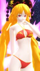 1girls 2023 3d bikini cosmic_background deity energy_tail female female_only hat hati_yukkuri_mmd headwear jpeg junko_(touhou) long_hair_female looking_at_viewer mmd moon orange_hair_female red_bikini red_eyes_female stars swimsuit touhou uncanny_valley white-skinned_female