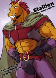 2019 abs anthro armor black_eyes blush breath brown_fur bulge cape clothing equid equine fur gloves gradient_background green_topwear grey_topwear hair horse looking_at_viewer male male_only mammal maririn melee_weapon pink_background pose purple_bottomwear red_hair red_topwear simple_background sparkle speedo stallion_(character) stallion_(words_worth) standing swimsuit sword weapon words_worth