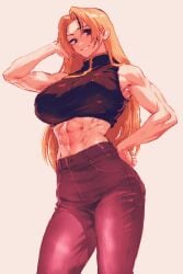 abs absurdres blonde_hair breasts crop_top denim female hand_on_own_head hand_on_own_hip high-waist_pants highres jeans jujutsu_kaisen large_breasts long_hair midriff muscular muscular_female pants pixel_art red_eyes smile solo spoiledmuffin toned turtleneck yuki_tsukumo