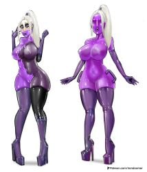 1girls blonde_hair elbow_gloves eyeshadow female female_only gag gagged gloves handles handles_on_hips high_heels irondoomer latex latex_clothing latex_gloves makeup platform_heels ponytail purple_clothing purple_latex rubber rubber_clothing sex_doll sex_doll_holes sex_doll_transformation shiny_clothes simple_background tight_clothing transformation very_high_heels white_background