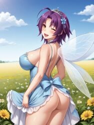 1girls ahoge ai_generated ass azuma_marina bare_shoulders big_ass big_breasts breasts cleavage fairy fairy_wings female field flower flower_in_hair hair_ornament huge_ass huge_breasts isogil kashidashi_tsuma_marina_no_"netorase"_houkoku_binkan_tsuma_to_zetsurin_daigakusei leotard looking_at_viewer nipples purple_hair sexy_pose shiny_skin short_dress short_hair thick_thighs thighs transparent_clothing wink winking winking_at_viewer