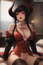 1girls ai_generated big_breasts black_hair corset eliza_(tekken) horns long_hair looking_away makeup patreon pussy red_eyes salupai sitting_on_bed tatoo tekken thighhighs uncensored watermark