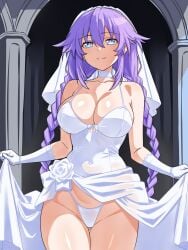 big_breasts blue_eyes cleavage goddess light_skin neptune_(neptunia) neptunia_(series) panties purple_hair purple_heart_(neptunia) skirt_lift smile solo wedding_dress zatsu