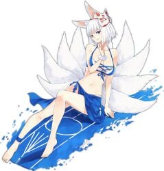 animal_ear_fluff animal_ears azur_lane bikini blue_bikini eyebrows_visible_through_hair female fox fox_ears fox_girl fox_tail game hair_ornament kaga_(azur_lane) kaga_(everlasting_killing_stone)_(azur_lane) kitsune kitsunemimi kyuubi large_breasts large_tail mask multiple_tails official_alternate_costume official_art short_hair suggestive tail upper_body white_hair white_tail