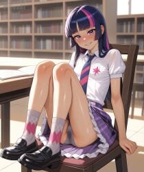 1girls ai_generated equestria_girls full_body library light_smile my_little_pony panties parted_lips school_uniform schoolgirl seacreator shoes sitting sitting_on_chair skinny skirt smile socks solo sweat table twilight_sparkle_(eg) twilight_sparkle_(mlp) upskirt wet_panties