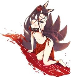 1girls akagi_(azur_lane) akagi_(paradise_amaryllis)_(azur_lane) animal_ears azur_lane bangs bare_arms bare_shoulders bikini black_scrunchie blue_sky blush breasts brown_hair cleavage cloud cowboy_shot day eyebrows_visible_through_hair female fox_ears fox_tail grin groin highres large_breasts light-skinned_female light_skin long_hair looking_at_viewer multiple_tails navel official_alternate_costume official_art red_bikini red_eyes sakura_empire_(azur_lane) sarong scrunchie sky smile solo standing stomach swimsuit tail thighs twisted_torso very_long_hair wrist_scrunchie