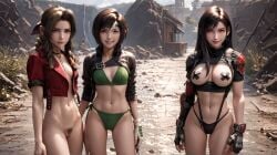 3girls aerith_gainsborough ai_generated final_fantasy_vii navel pasties pubic_hair pussy tifa_lockhart underwear yuffie_kisaragi