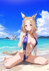 3girls ai_generated animal_ears beach beige_hair blush breasts breasts_out female hair_accessory horse_girl narita_top_road_(umamusume) orange_eyes sandy_beach sling_bikini umamusume umamusume_pretty_derby very_long_hair