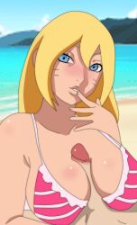 1girls agung911 beach big_breasts bikini bikini_top blonde_hair blue_eyes blush boruko boruto:_naruto_next_generations breasts canon_genderswap cleavage faceless_male female female_focus female_only gender_transformation genderswap_(mtf) long_hair naruto naruto_(series) outdoors paizuri paizuri_lead_by_female paizuri_on_lap paizuri_over_clothes partial_male rule_63 sexy_no_jutsu striped_bikini swimsuit titjob uncensored uzumaki_boruto yellow_hair