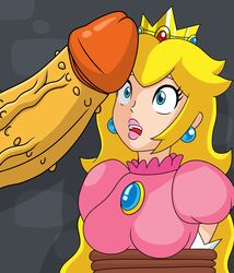 1boy 1girls blonde_hair bowser breasts clothing crown dress elbow_gloves erection female food forced fruit gloves high_resolution huge_cock hyoreisan hyper_penis imminent_fellatio imminent_oral indoors large_penis long_hair looking_at_penis male mario_(series) nintendo penis penis_awe princess_peach super_princess_peach tied_up vein veiny_penis very_high_resolution