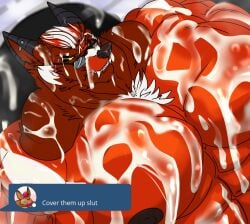 2022 anthro big_muscles big_pecs black_nipples bodily_fluids body_hair canid canine chest_hair cover_them_up_slut cum cum_covered cum_stain ear_piercing english_text eyewear fierglief fierglief_(character) fur genital_fluids glasses huge_muscles huge_pecs hyper hyper_muscles looking_aside male mammal messy muscular nipples nude pecs piercing red_body red_fur solo text veiny_muscle werecanid werecanine werecreature werefox